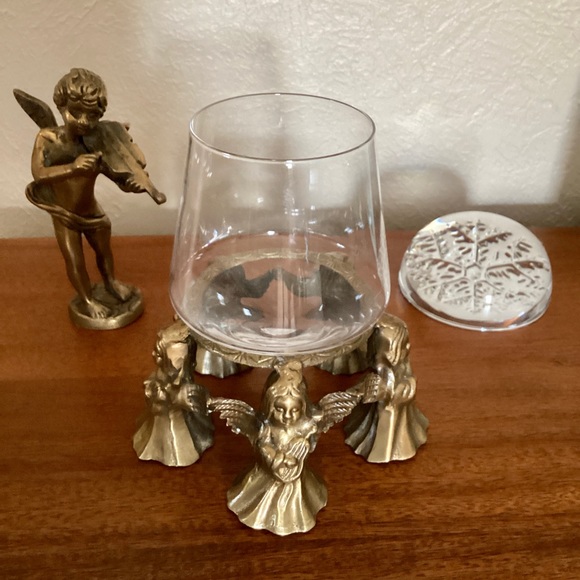 Brass Five Girl Angels Playing Guitar Round Base Candle Holder Art Deco VTG EUC - Picture 3 of 14
